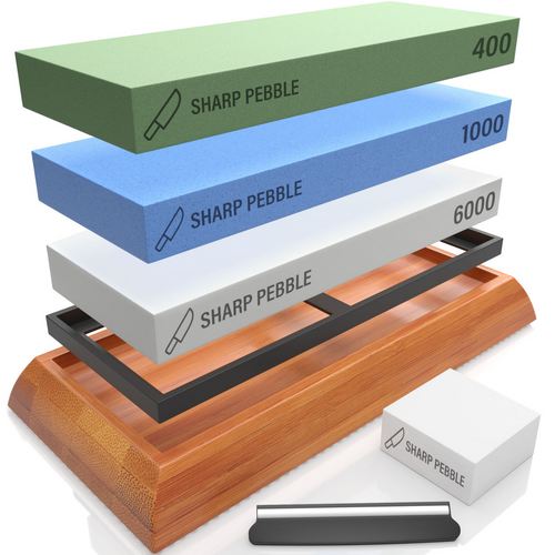 Sharp Pebble Extra Large Sharpening Stones Set - Grits 400/1000/6000 - With NonSlip Bamboo Base, Flattening Stone and Angle Guide