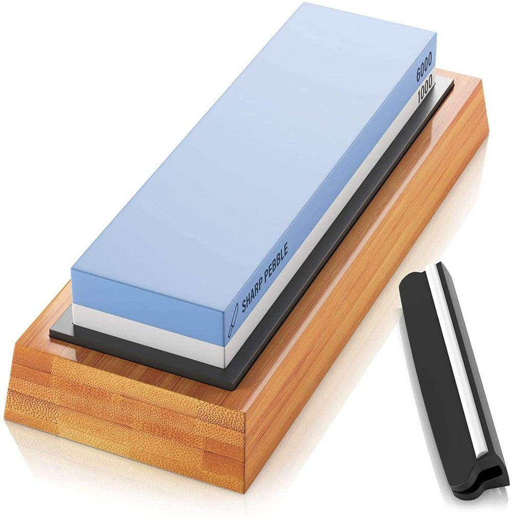 Sharp Pebble Premium Whetstone Knife Sharpening Stone 2 Side Grit 1000/6000- NonSlip Bamboo Base & Angle Guide